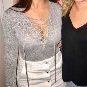 Grey Lace Up Bodysuit